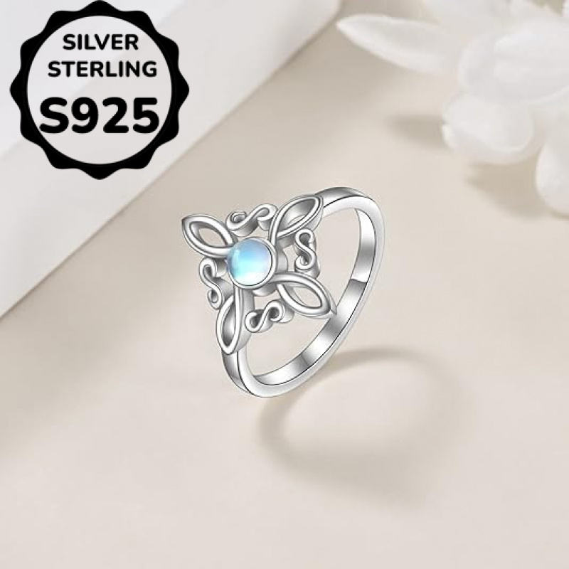 S925 Silvery Celtic Knot Ring with Synthetic Moonstone